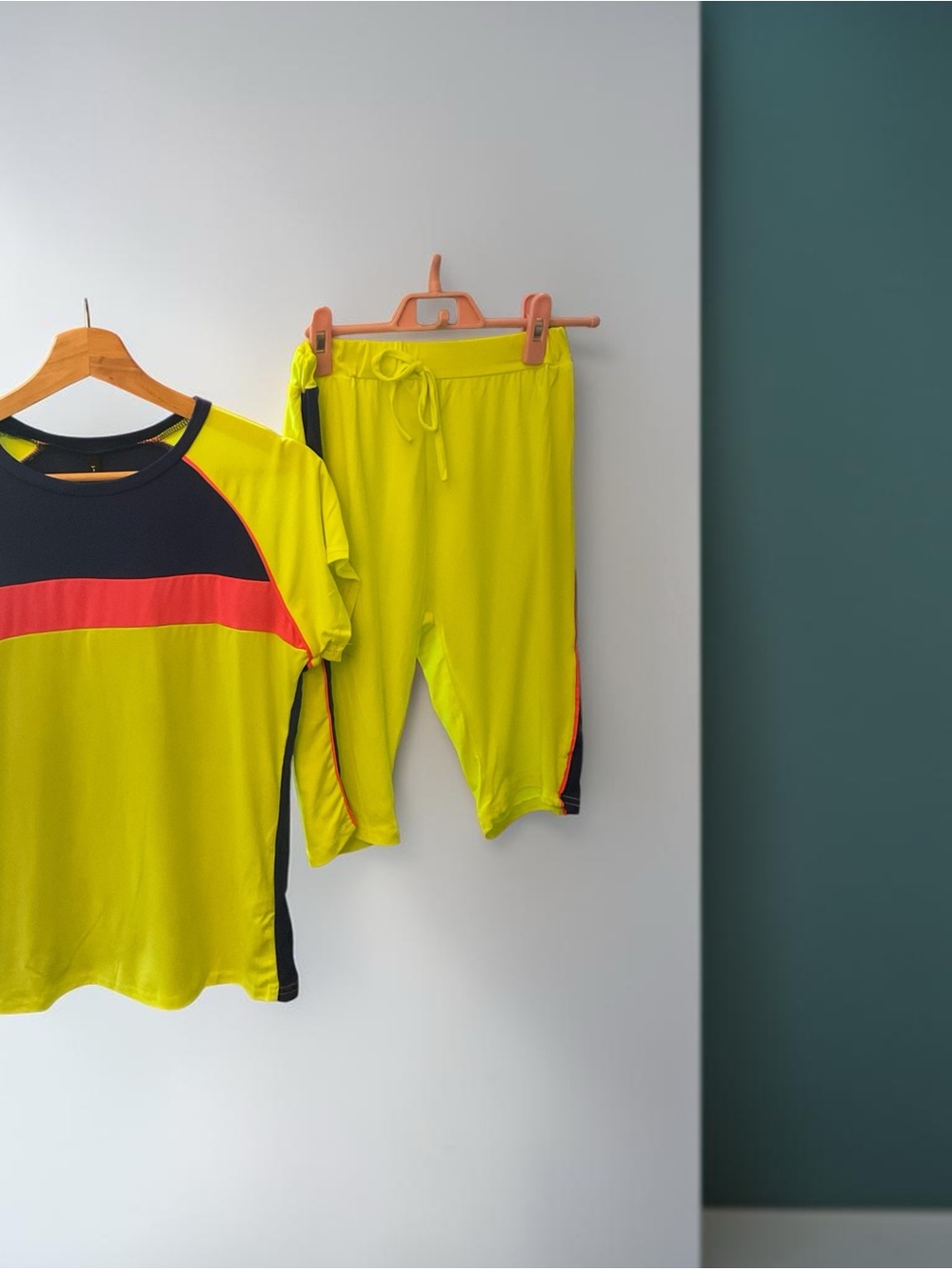 TRUE ROCK Women's Neon Yellow Athletic Shorts Set with Black and Red Accents